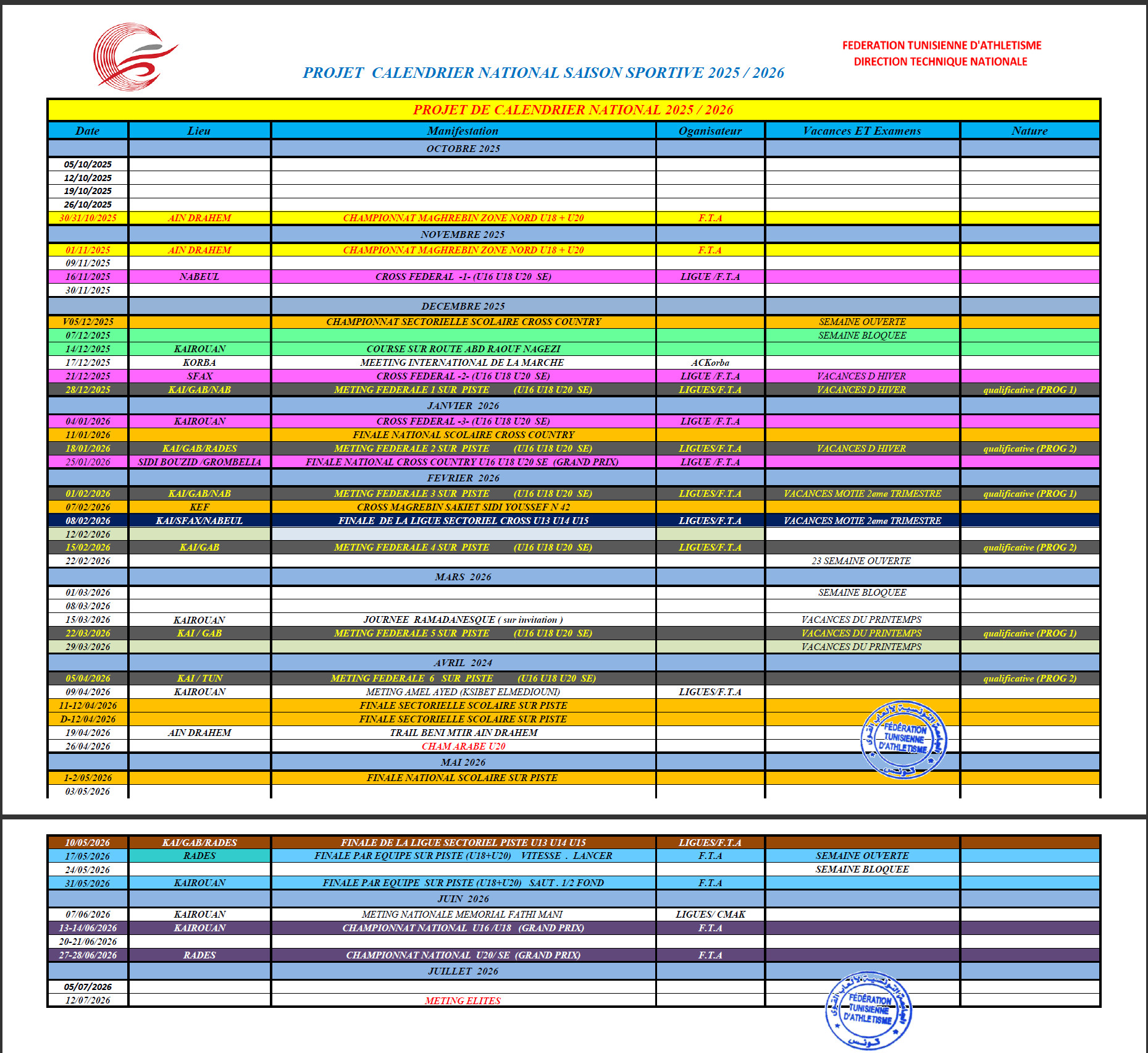 Calendrier National 2025/2026
